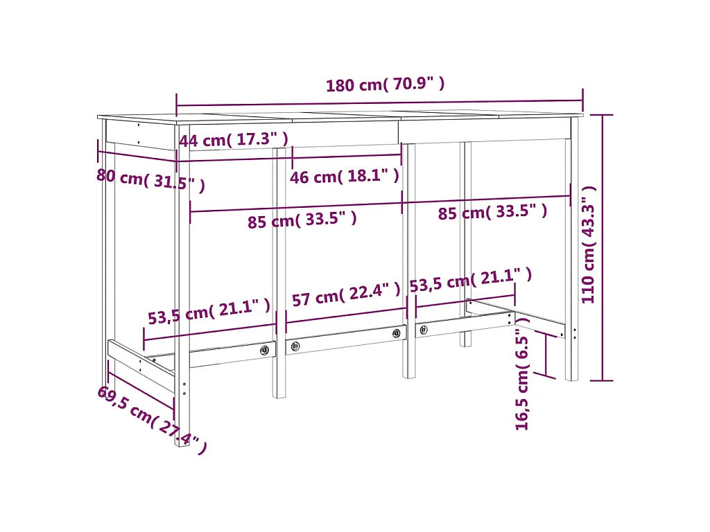 Table de bar Blanc 180x80x110 cm Bois massif de pin