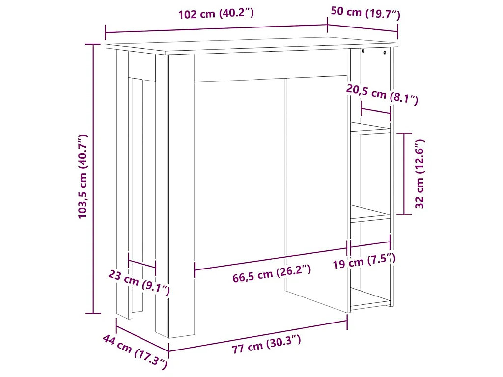 Bartafel met schap 102x50x103,5 cm bewerkt hout grijs sonoma