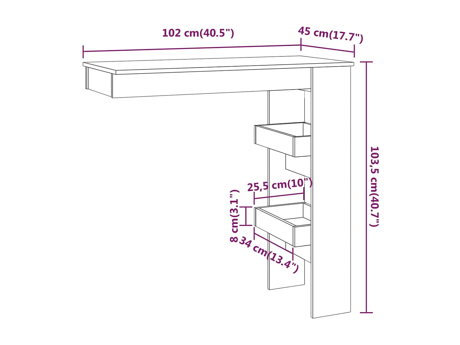 Bartafel wandgemonteerd 102x45x103,5 cm bewerkt hout eikenkleur