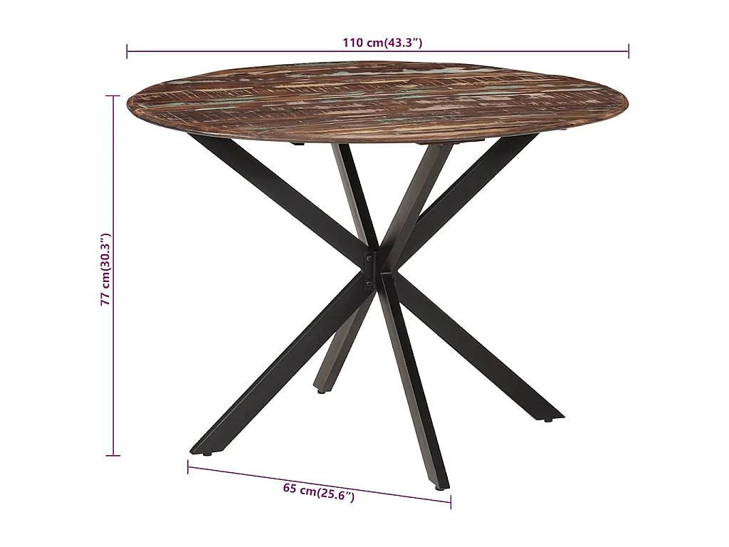 Tavolo da Pranzo Ø110x78cm Legno Massello di Recupero e Acciaio