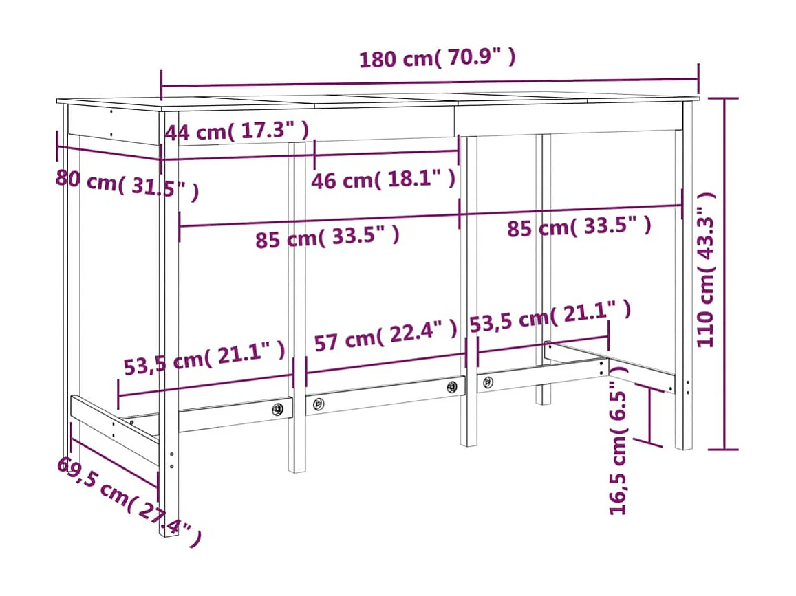 Bartafel 180x80x110 cm massief grenenhout zwart