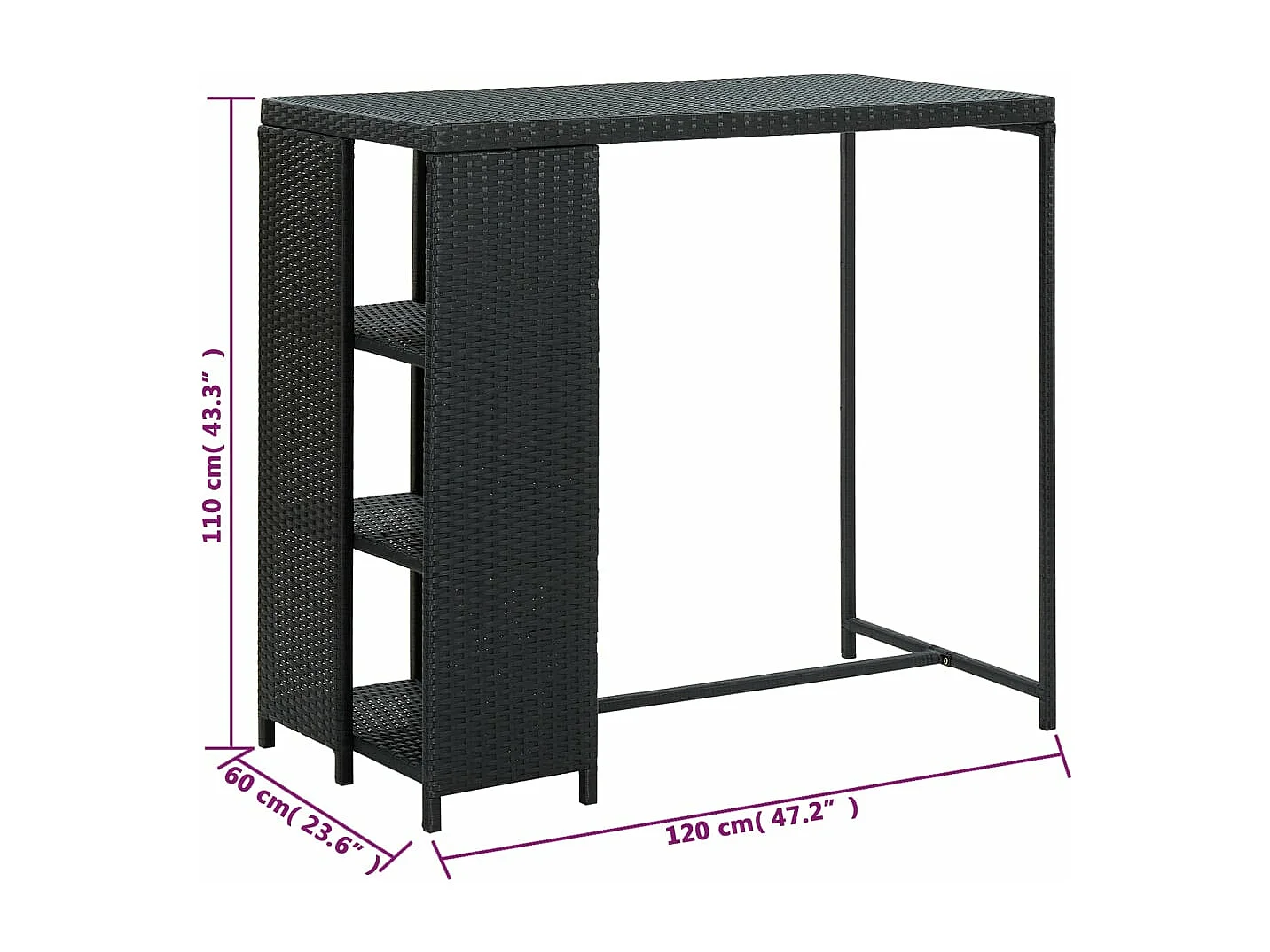 Table de bar avec rangement Noir 120x60x110 cm Résine tressée