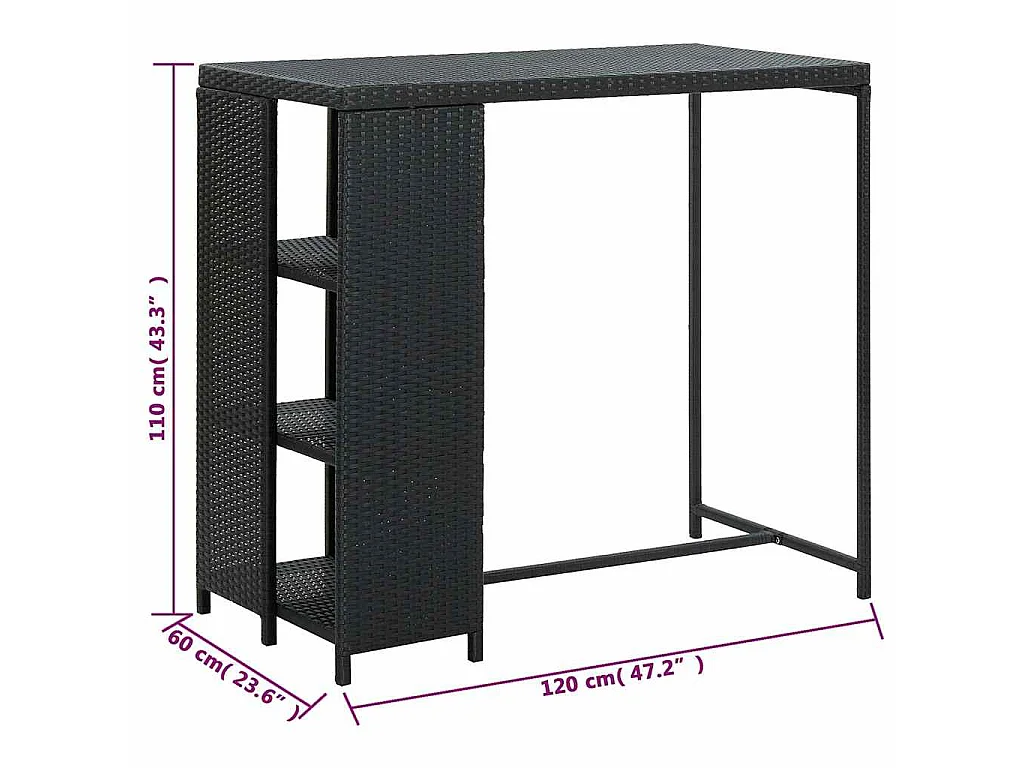 Table de bar avec rangement Noir 120x60x110 cm Résine tressée