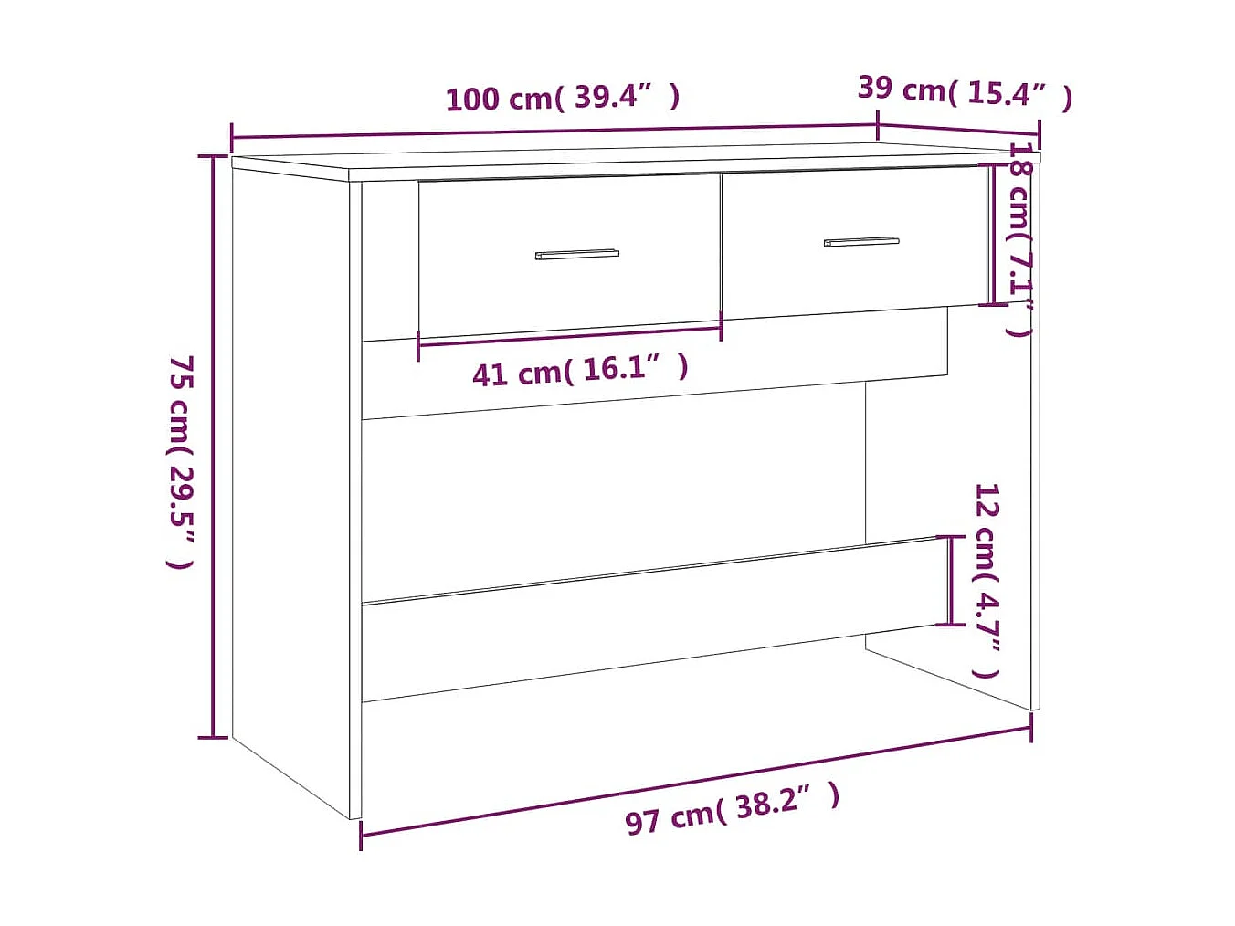 Wandtafel 100x39x75 cm bewerkt hout wit