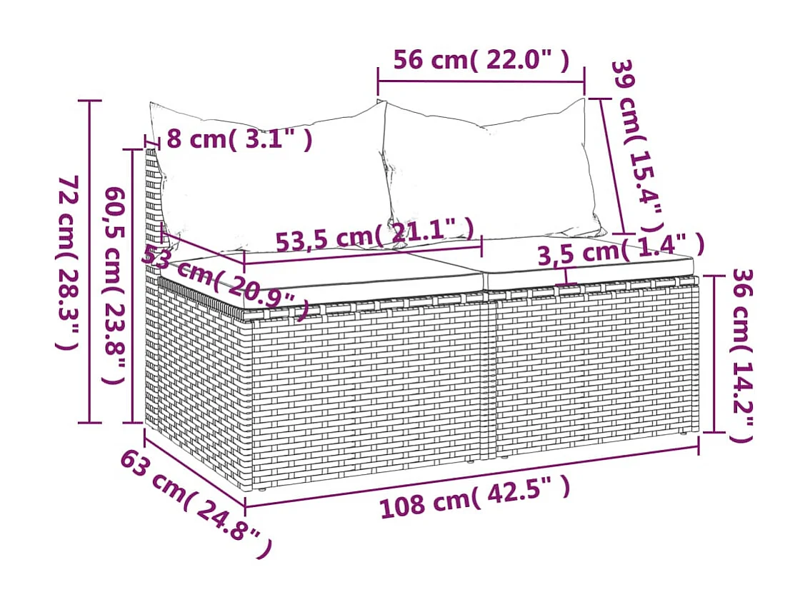 Tuinmiddenbanken met kussens 2 st poly rattan zwart