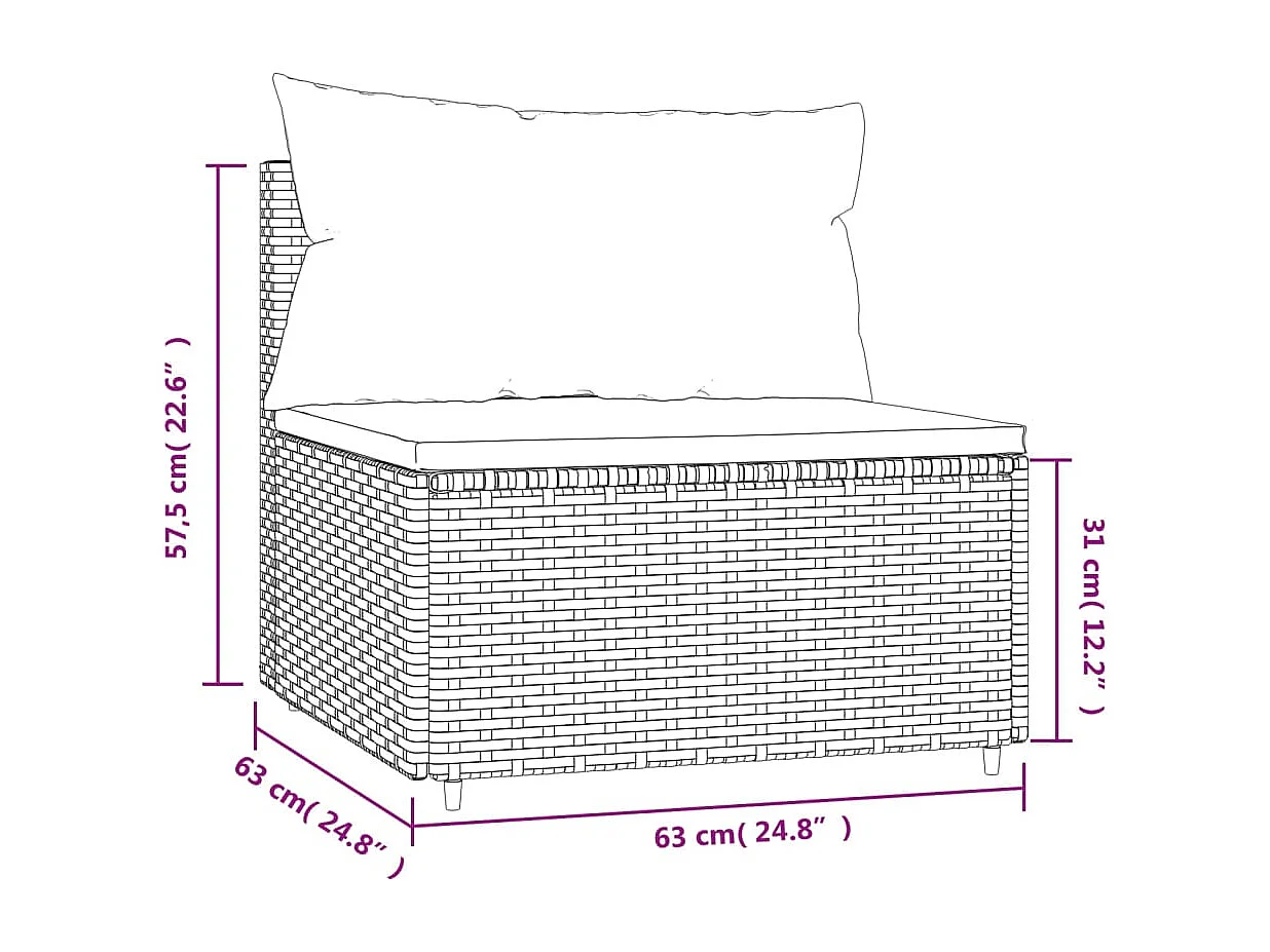 Garten-Mittelsofa mit Kissen Schwarz Poly Rattan