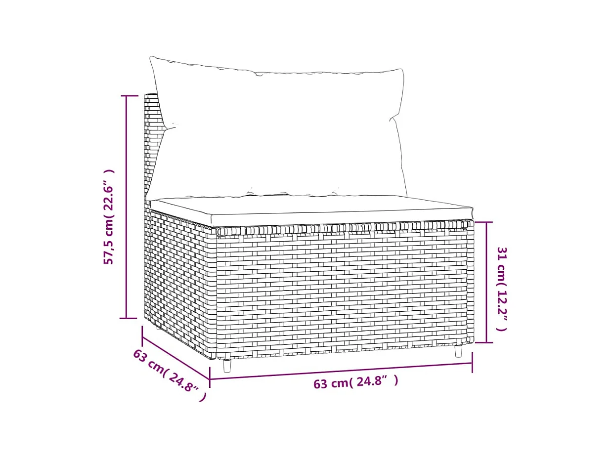 Divano Centrale da Giardino con Cuscini in Polyrattan Grigio