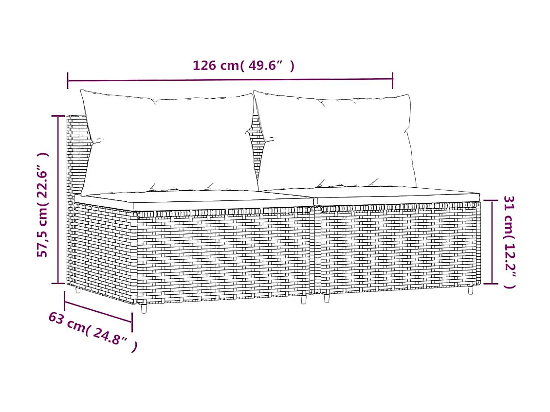 Tuinmiddenbanken met kussens 2 st poly rattan bruin