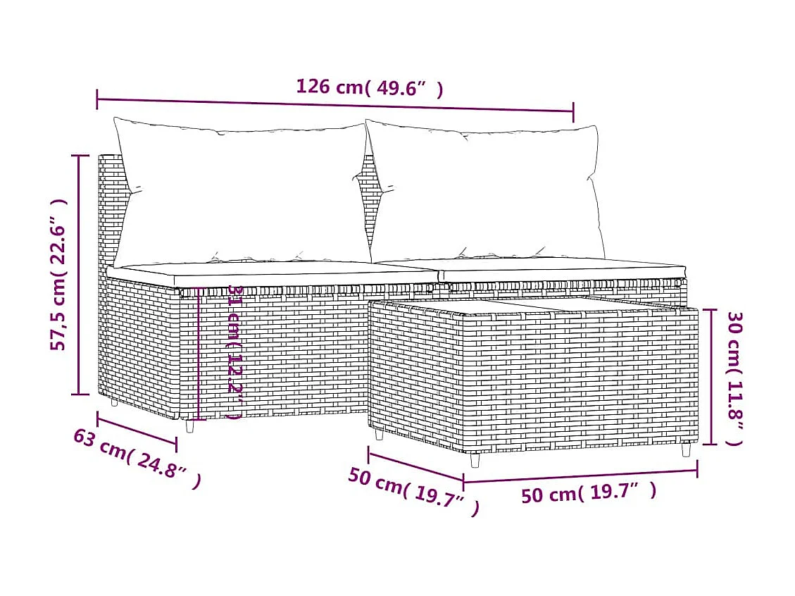 3-delige Loungeset met kussens poly rattan bruin