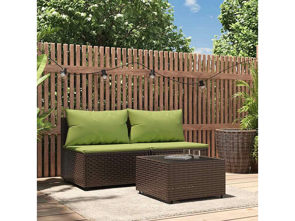 Set Mobili da Giardino 3 pz con Cuscini in Polyrattan Marrone