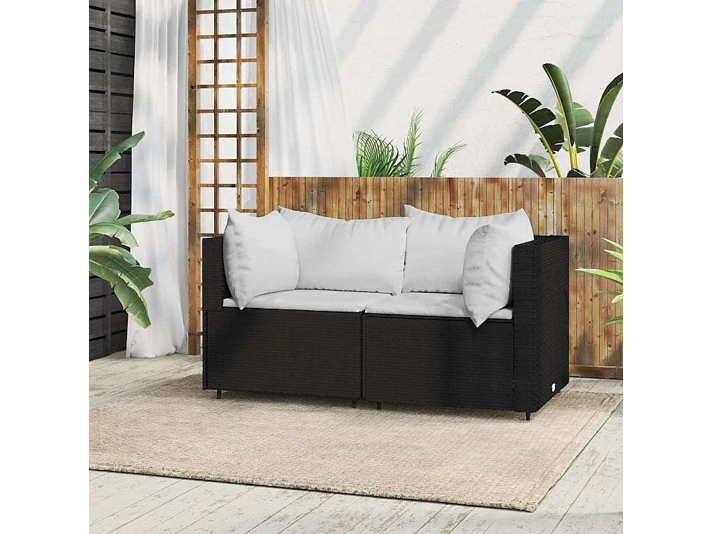 Canapé d'angle de jardin avec coussins Noir Résine tressée