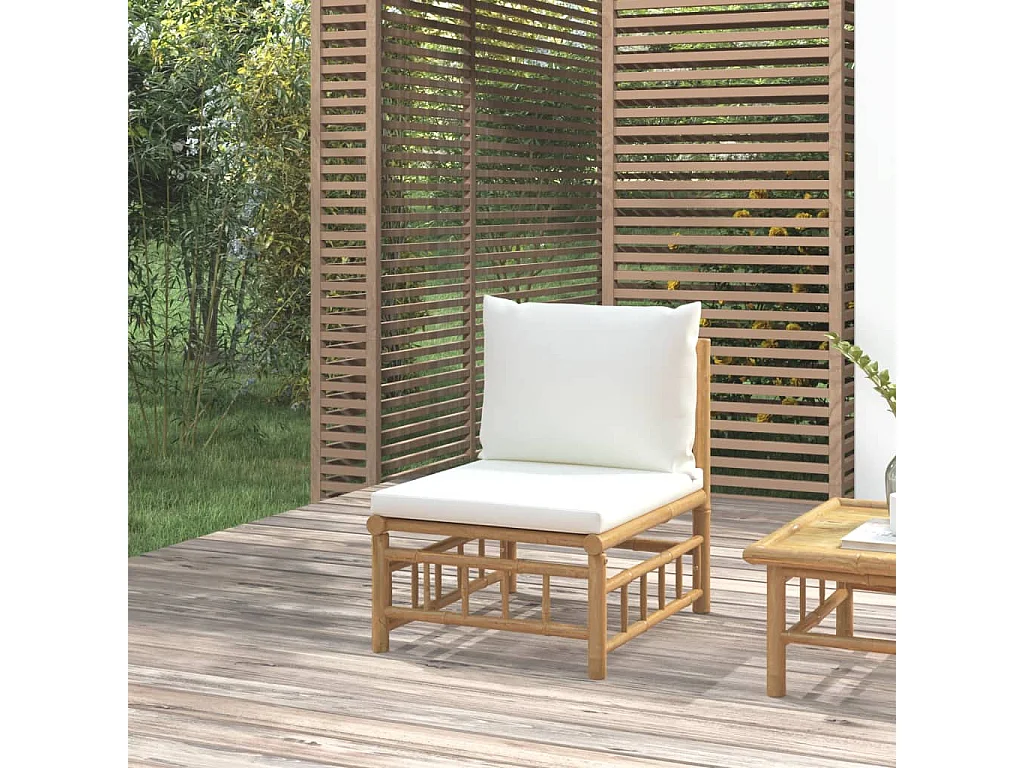 Divano Centrale da Giardino con Cuscini Bianco Crema in Bambù
