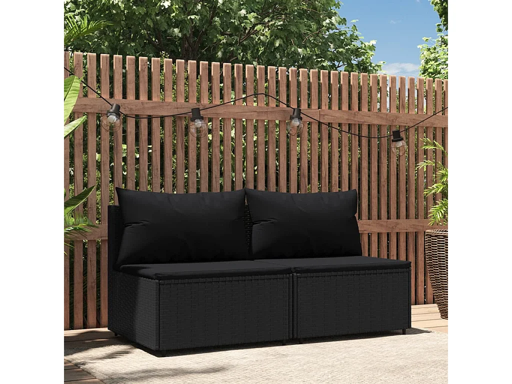 Canapés centraux de jardin et coussins 2pcs Noir Résine tressée