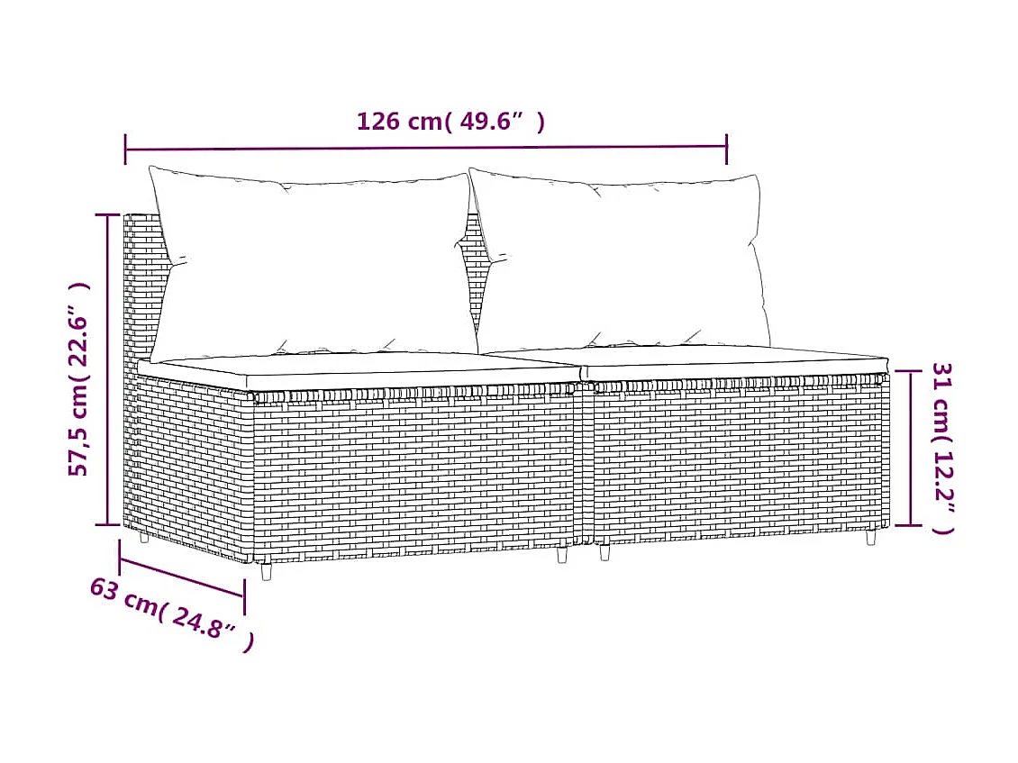 Canapés centraux de jardin et coussins 2pcs Noir Résine tressée
