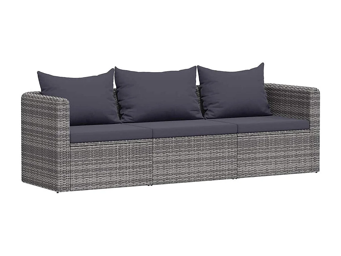 3-tlg. Garten-Sofagarnitur mit Kissen Grau Poly Rattan
