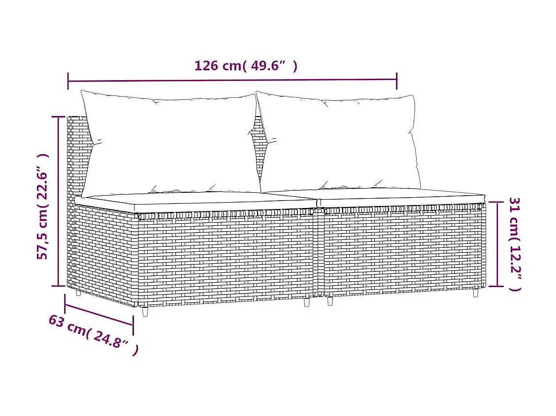 Garten-Mittelsofas mit Kissen 2 Stk. Grau Poly Rattan
