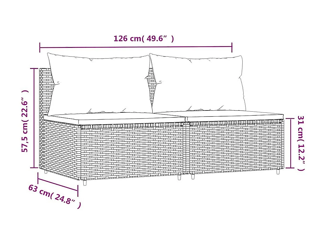 Garten-Mittelsofas mit Kissen 2 Stk. Grau Poly Rattan