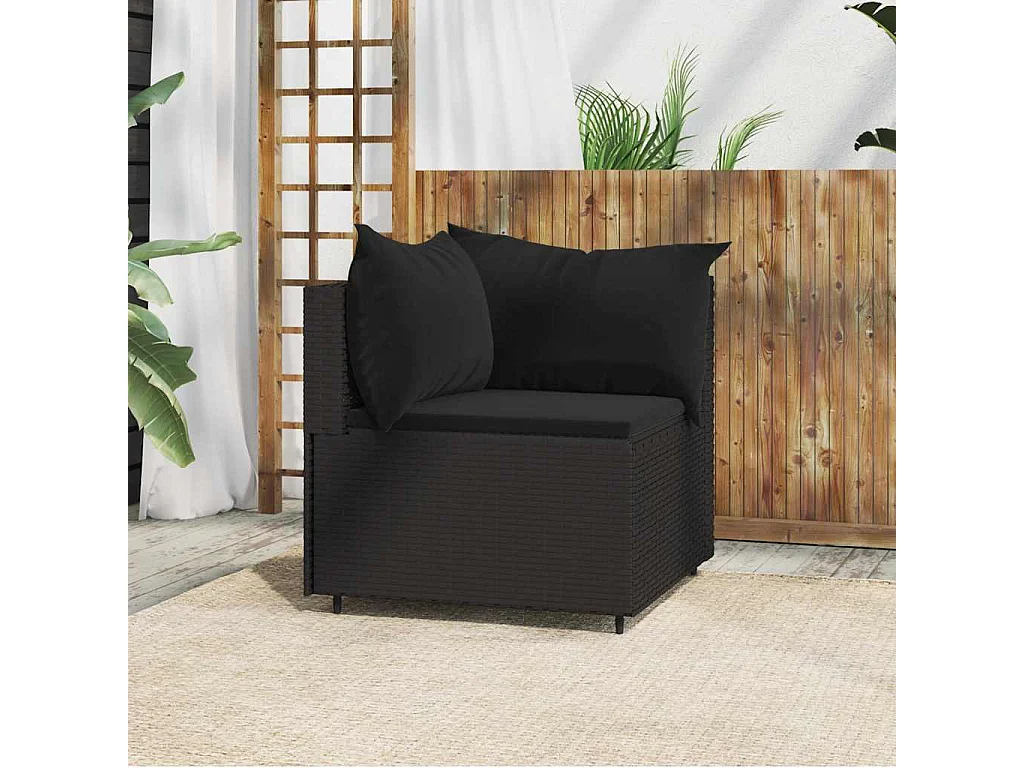 Canapé d'angle de jardin avec coussins Noir Résine tressée