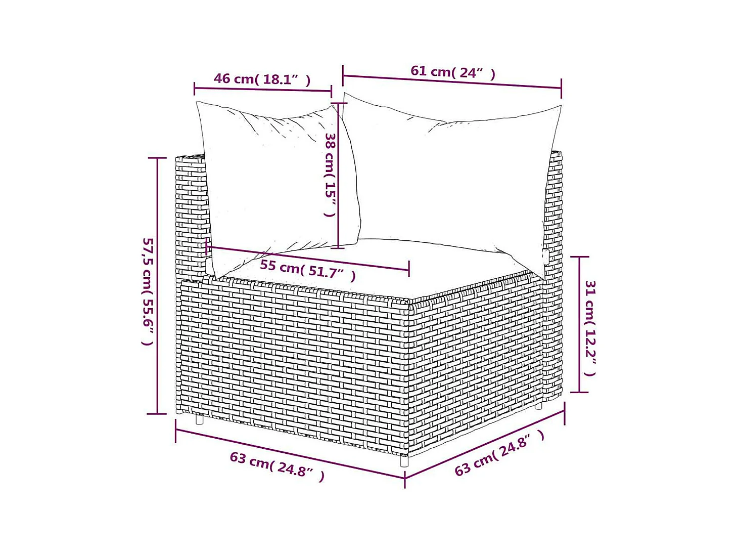 Tuinhoekbank met kussens poly rattan grijs