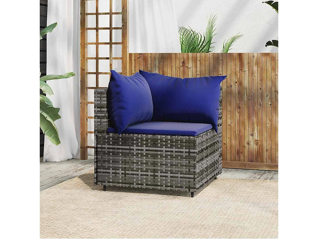 Sofá de canto para jardim com almofadões vime PE cinzento