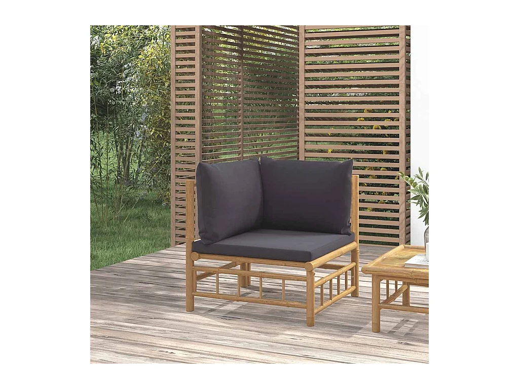 Canapé d'angle de jardin avec coussins gris foncé bambou