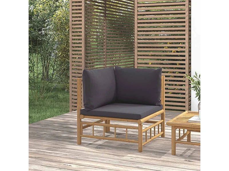 Canapé d'angle de jardin avec coussins gris foncé bambou