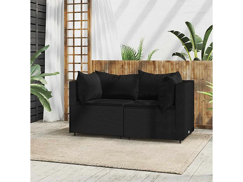 Sofás de canto p/ jardim c/ almofadões 2 pcs vime PE preto