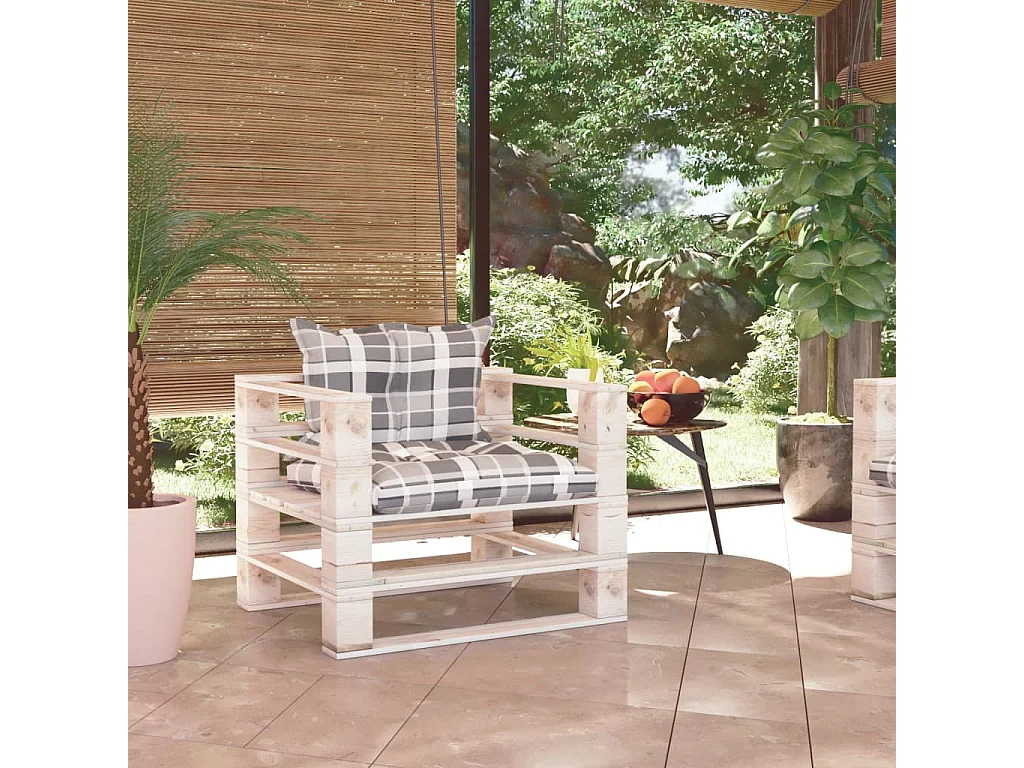 Sofá de paletes p/ jardim com almofadões xadrez cinzento pinho
