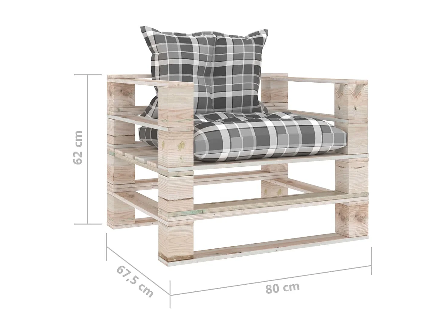 Sofá de paletes p/ jardim com almofadões xadrez cinzento pinho