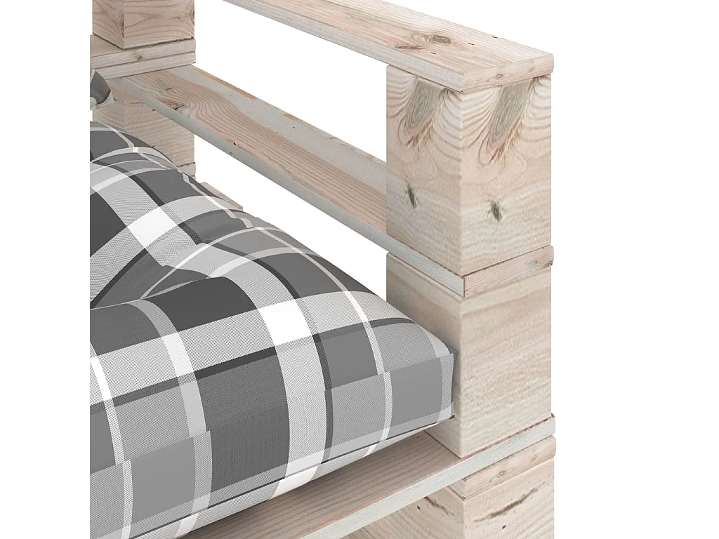 Sofá de paletes p/ jardim com almofadões xadrez cinzento pinho