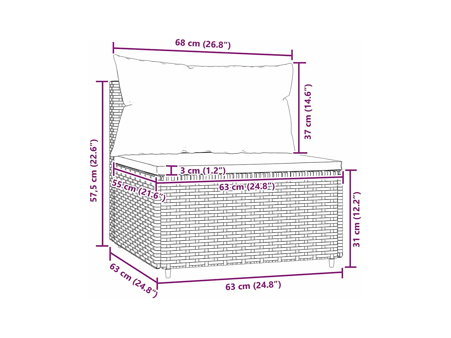 Divano Centrale da Giardino con Cuscini in Polyrattan Grigio