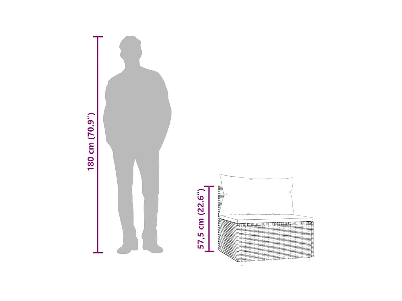 Divano Centrale da Giardino con Cuscini in Polyrattan Grigio