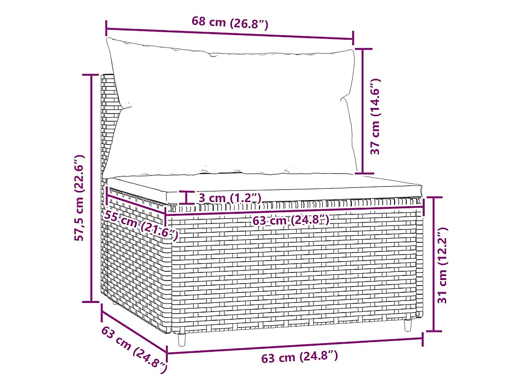 Canapé central de jardin avec coussins gris résine tressée