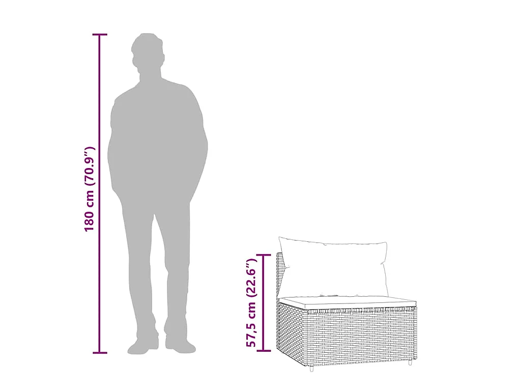 Canapé central de jardin avec coussins gris résine tressée