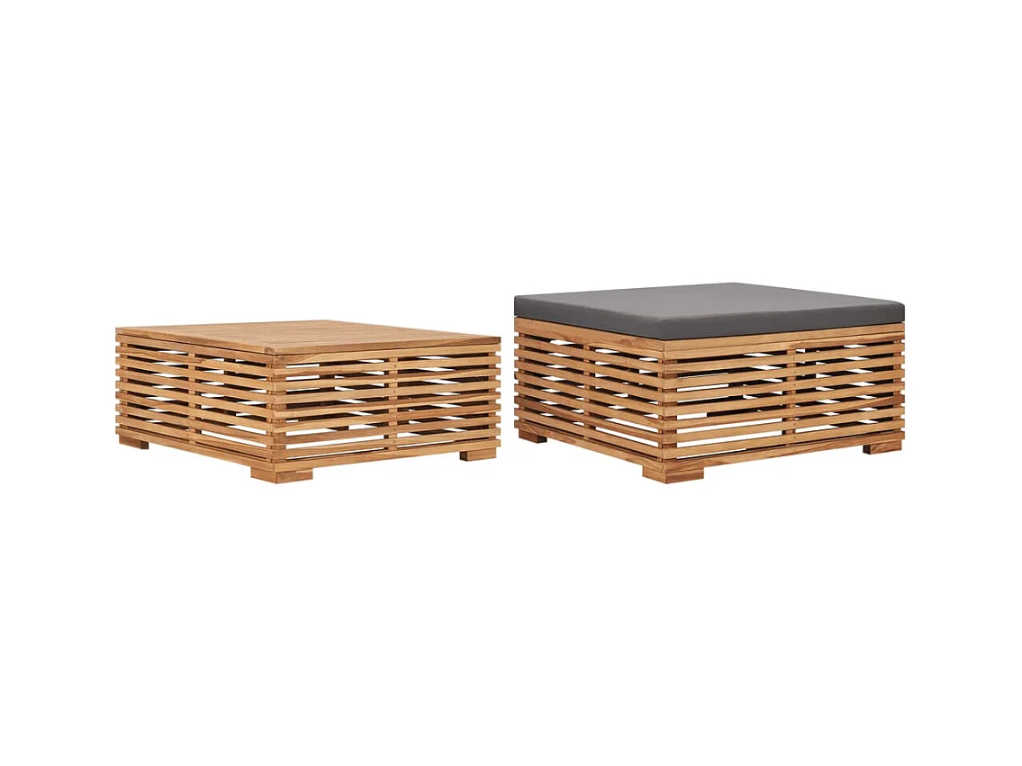 Gartentisch und Fußhocker Set mit Dunkelgrauem Kissen Teakholz