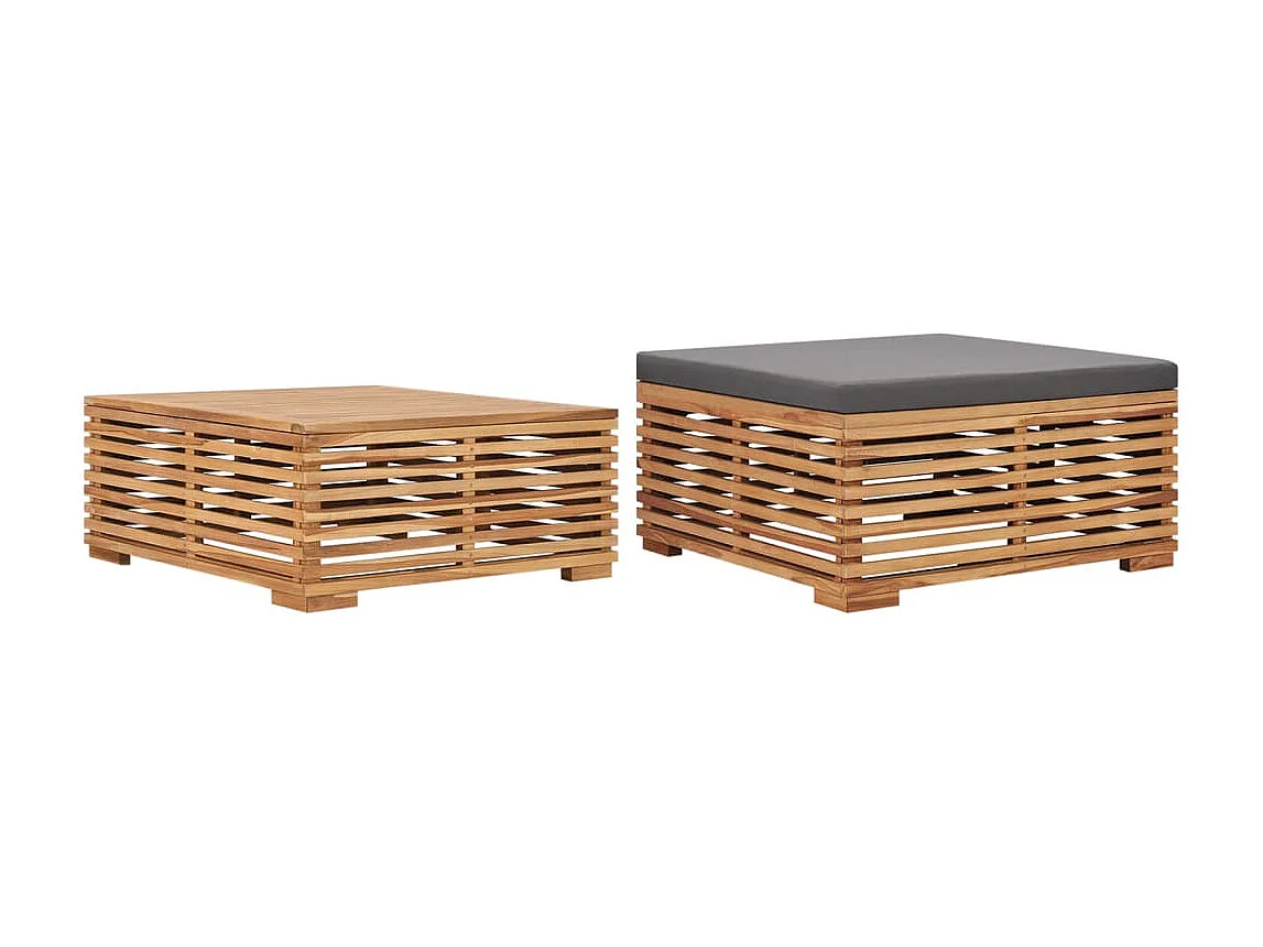 Gartentisch und Fußhocker Set mit Dunkelgrauem Kissen Teakholz