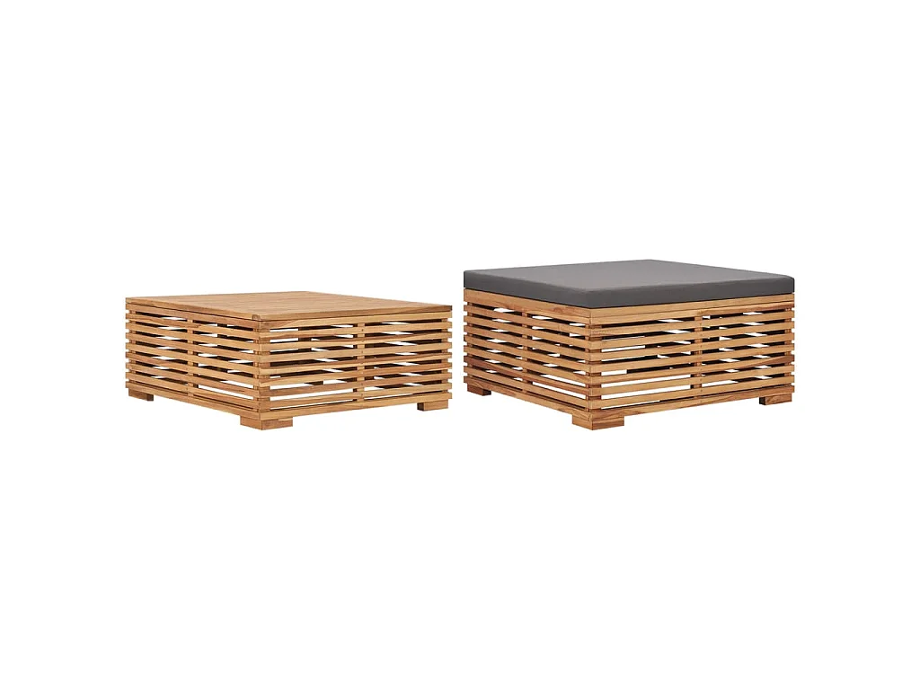 Gartentisch und Fußhocker Set mit Dunkelgrauem Kissen Teakholz