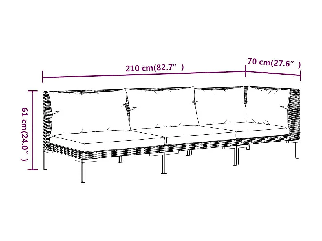 3-delige Loungeset halfrond poly rattan donkergrijs