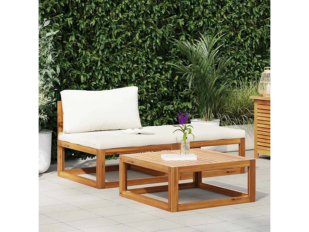 Salon de jardin 3 pcs avec coussins crème Bois d'acacia solide