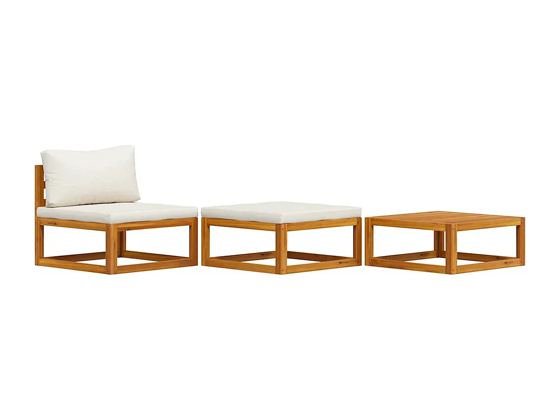 Salon de jardin 3 pcs avec coussins crème Bois d'acacia solide