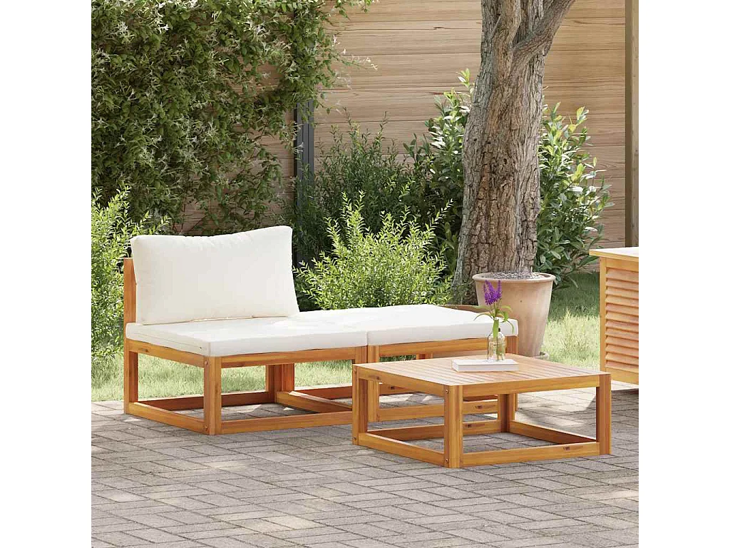 Salon de jardin 3 pcs avec coussins crème Bois d'acacia solide