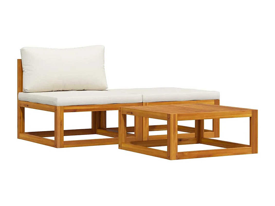 Salon de jardin 3 pcs avec coussins crème Bois d'acacia solide