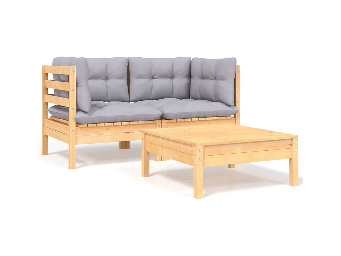 3-delige Loungeset met grijze kussens massief grenenhout