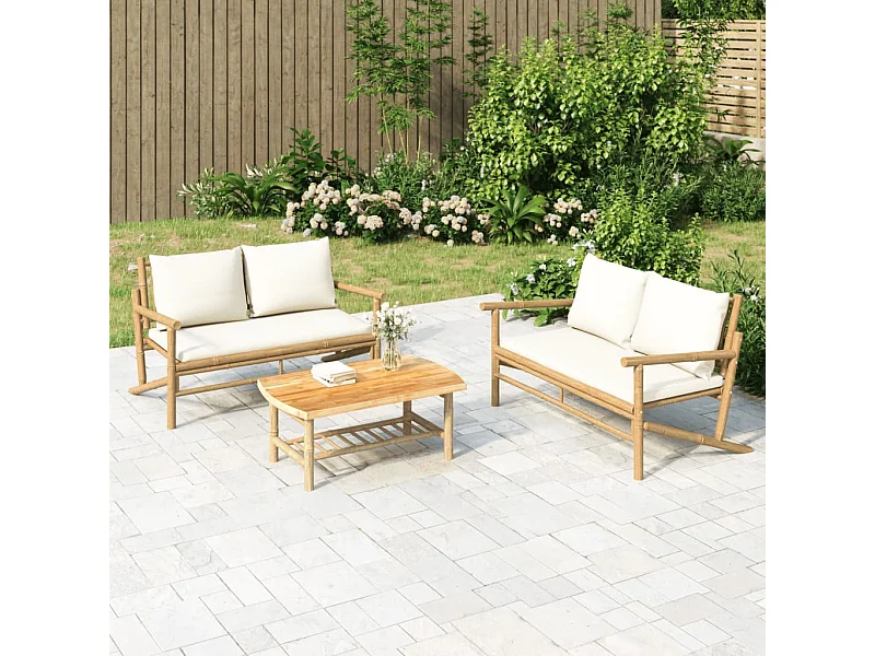 Salon de jardin 2 pcs avec coussins blanc crème bambou