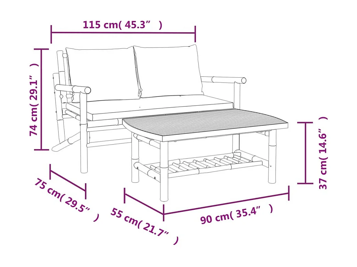 2 pcs conjunto lounge de jardim bambu c/ almofadões branco nata