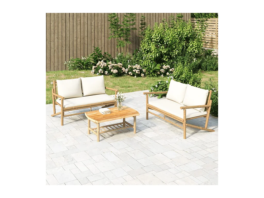 Salon de jardin 2 pcs avec coussins blanc crème bambou