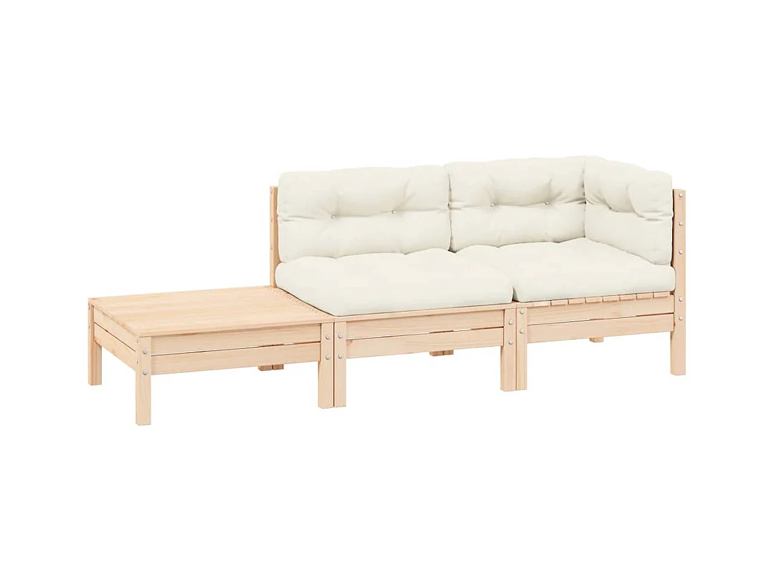 Salon de jardin 3 pcs avec coussins crème Bois de pin massif