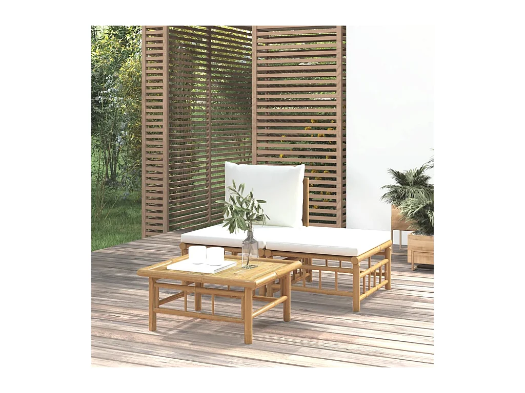 Salon de jardin 3 pcs avec coussins blanc crème bambou
