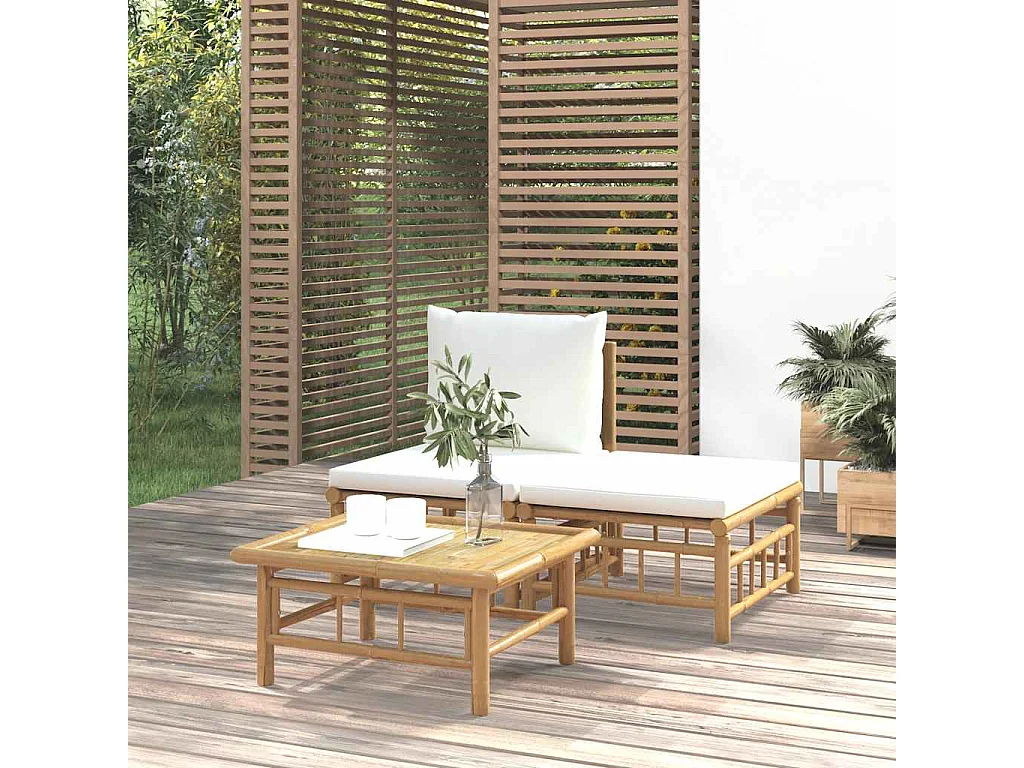 3-delige Loungeset met kussens bamboe crèmewit