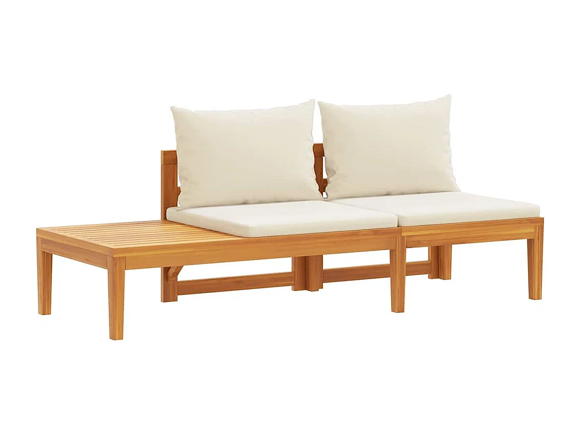 Banc de jardin avec table et coussins Blanc crème Teck solide
